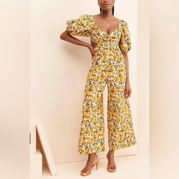 🔆 Free People Yellow Floral Printed Amy Jumpsuit, Size XS - Picture 1 of 3